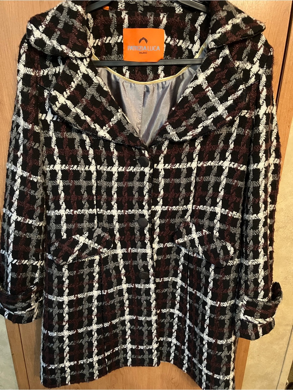 Women's Patricia Luca Burgundy Plaid Tweed Wool Blend Lined Coat Size Medium